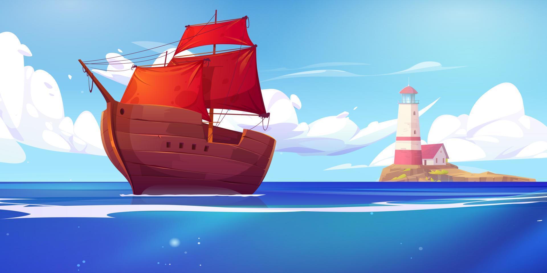 Sea landscape with lighthouse on island and ship vector