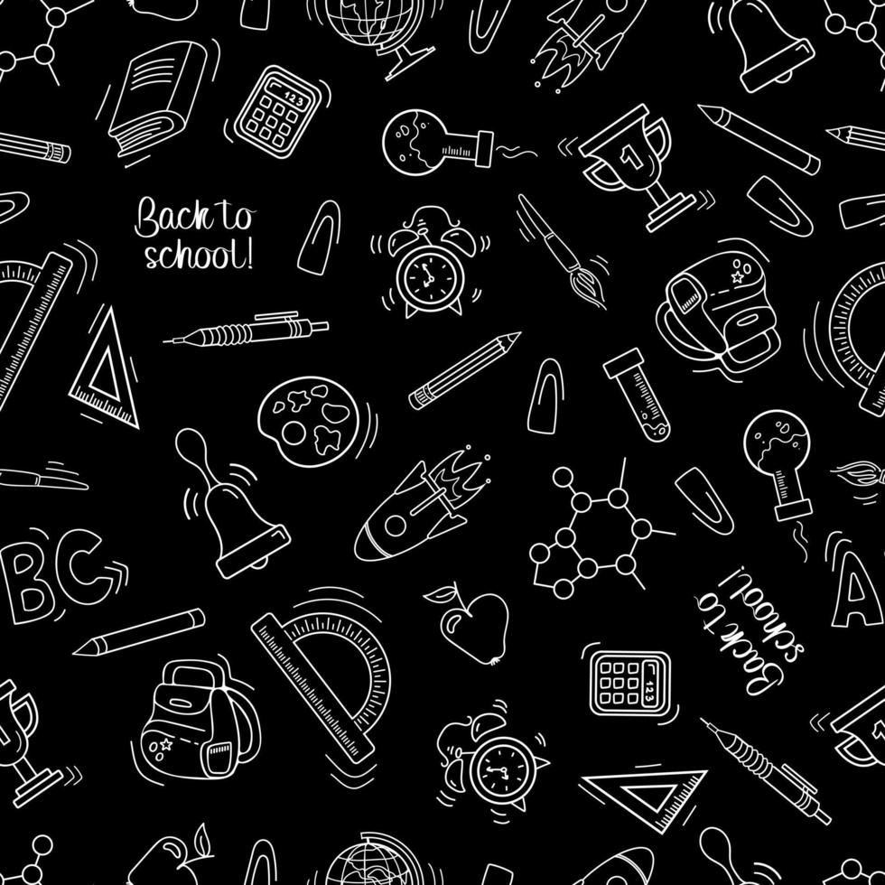 Back to school. Seamless pattern in sketch style. Chalk drawings on the blackboard. Writing utensils - pens, pencils and rulers. For wallpaper, printing on fabric, wrapping vector