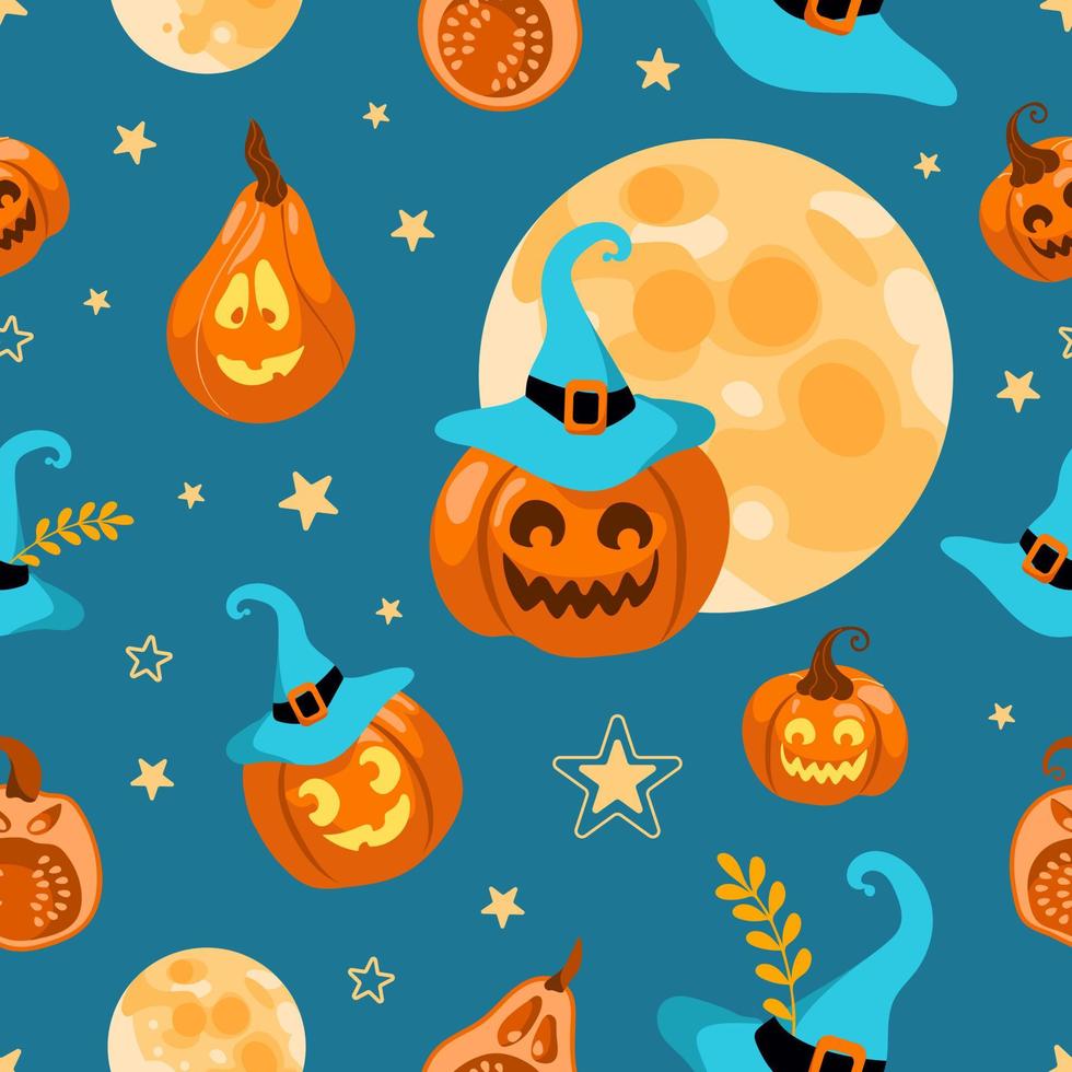 Halloween seamless pattern moon, witch hat, jack lantern, star and leaves. On a green background. Bright illustration cartoon style. For wallpaper, printing on fabric, wrapping, background. vector