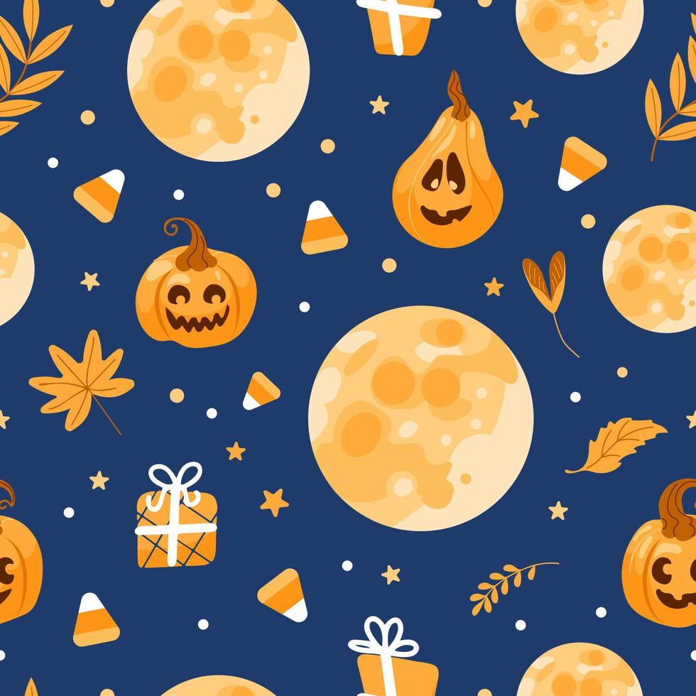 Halloween seamless pattern moon, witch hat, jack lantern, candy, autumn leaves. On a blue background. Bright illustration in cartoon style. For wallpaper, printing on fabric, wrapping, background vector