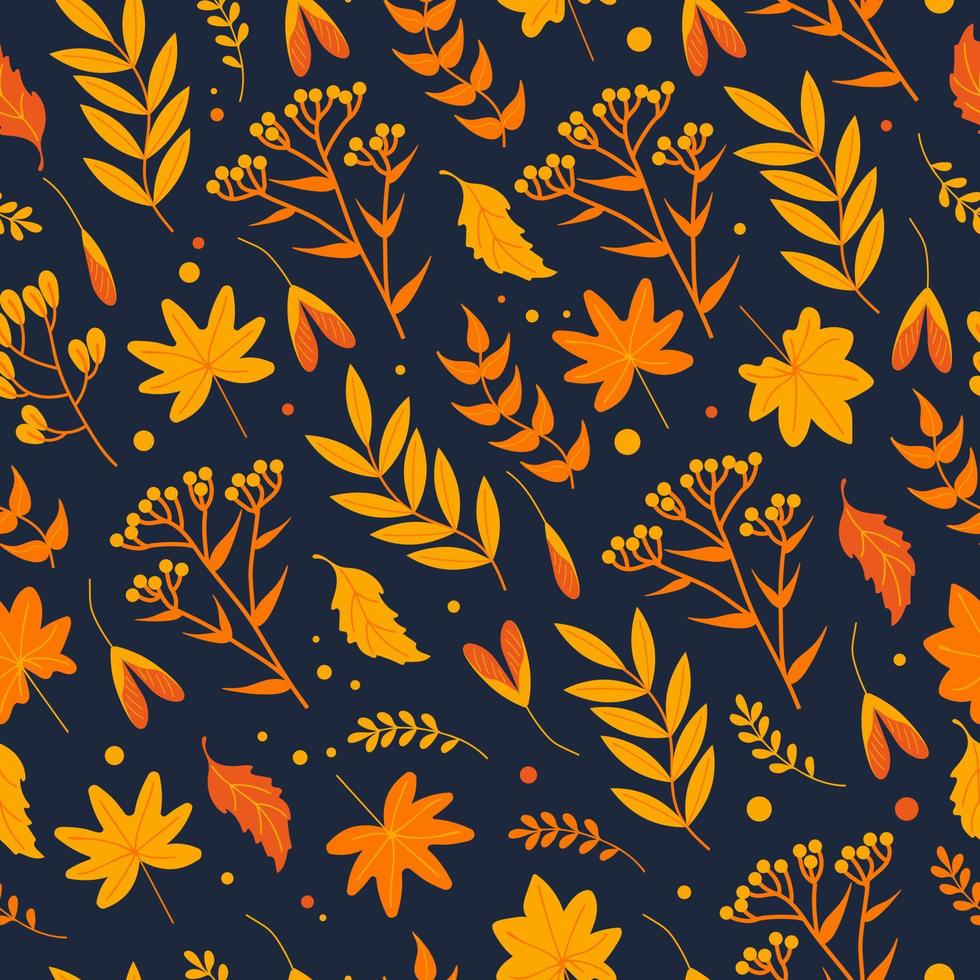 Seamless autumn pattern with yellowed leaves, herbs and flowers in orange tones on a dark background, flat style. For wallpaper, printing on fabric, wrapping, background, clothes vector