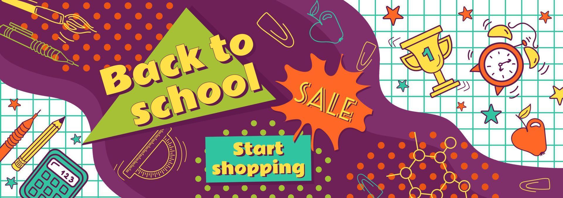 Back to school. Bright horizontal sale banner, cartoon comic style. Learning symbols, vintage colors, 90s. Alarm clock, apple, calculator, pencils. For advertising banner, website, sale flyer vector