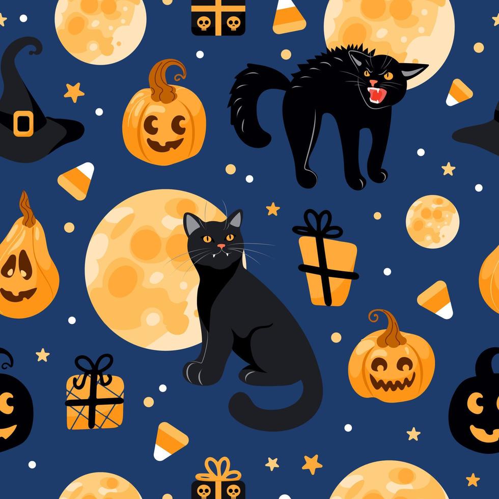Halloween seamless pattern Black cat, moon, witch hat, jack lantern, candy. On a blue background. Bright illustration in cartoon style. For wallpaper, printing on fabric, wrapping, background. vector