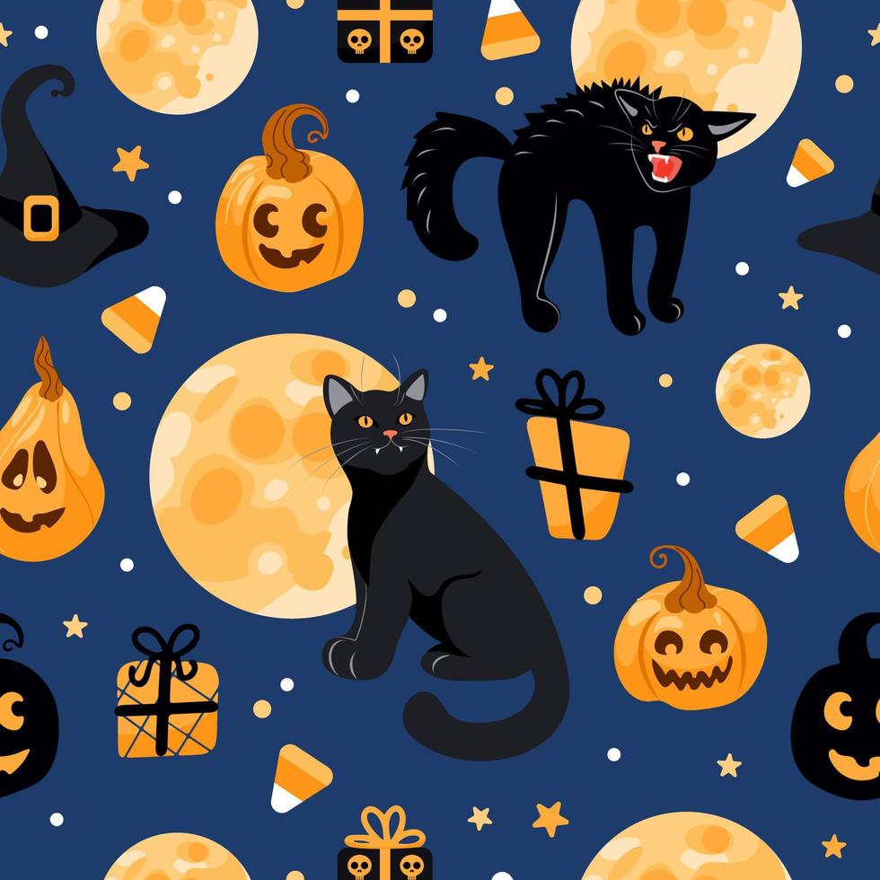 Víspera de Todos los Santos sin costura modelo negro gato, luna, bruja sombrero, Jack linterna, caramelo. en un azul antecedentes. brillante ilustración en dibujos animados estilo. para fondo de pantalla, impresión en tela, envase, antecedentes. vector