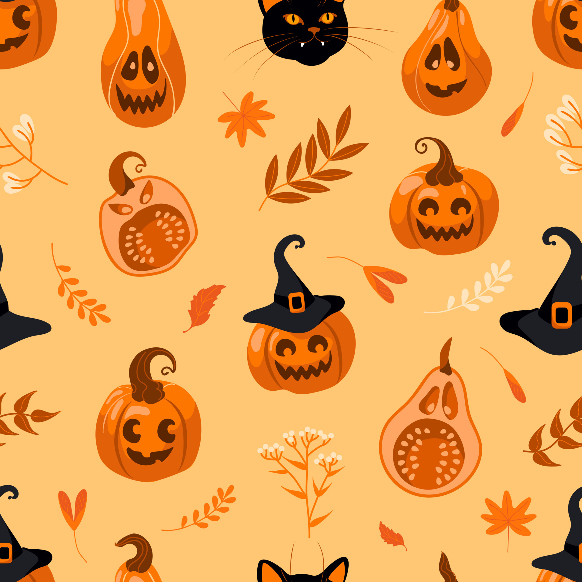 Halloween bright seamless vector pattern. Pumpkin jackolantern, witch