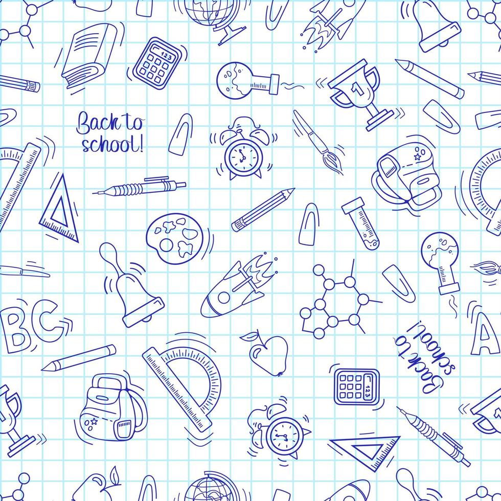Back to school. Seamless pattern in sketch style. A sheet from a notebook with drawings. Writing utensils - pens, pencils and rulers. For wallpaper, printing on fabric, wrapping. vector