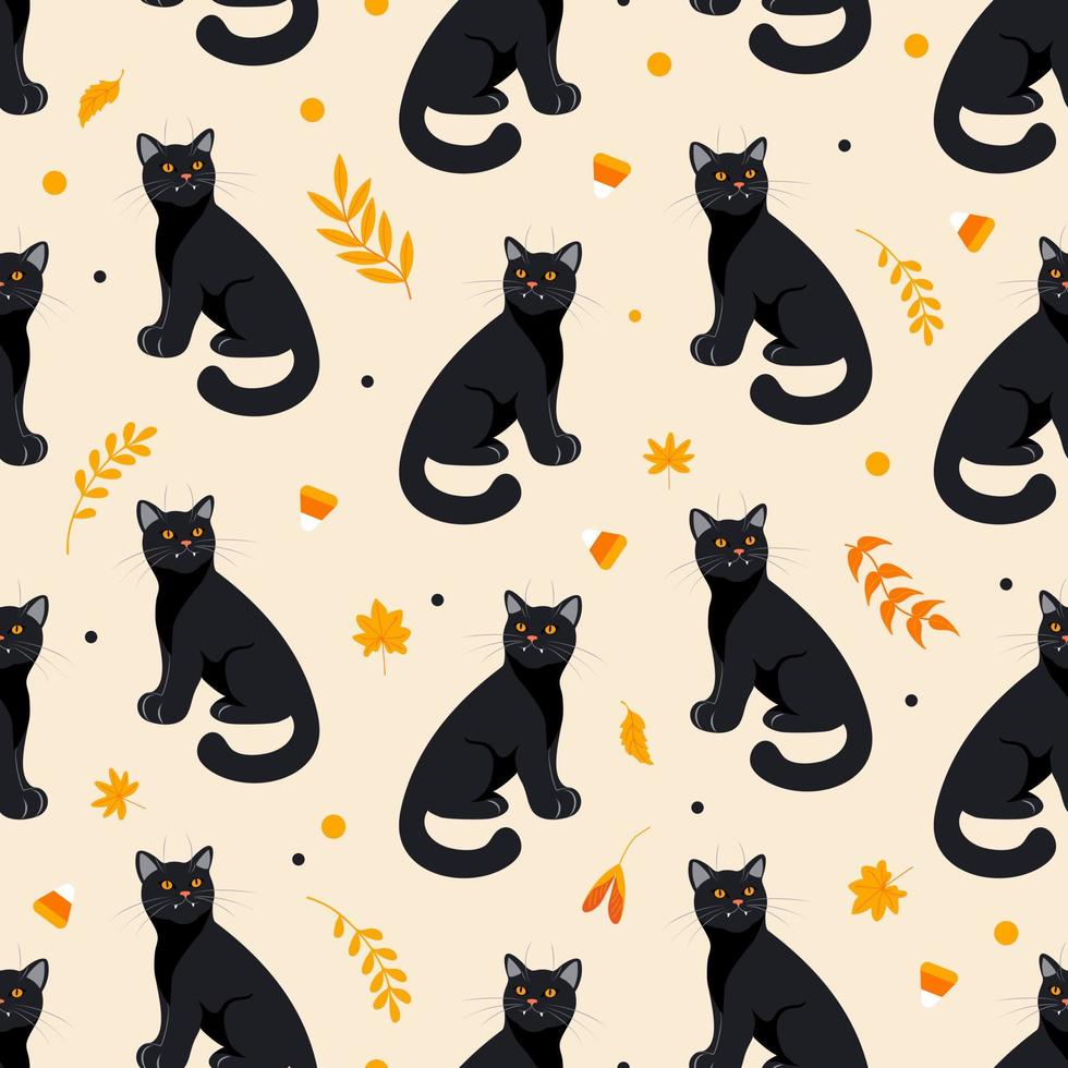 Halloween seamless pattern Black cat, autumn leaves, herbs and candy in orange tones light beige background. Bright illustration cartoon style. For wallpaper, printing on fabric, wrapping, background. vector