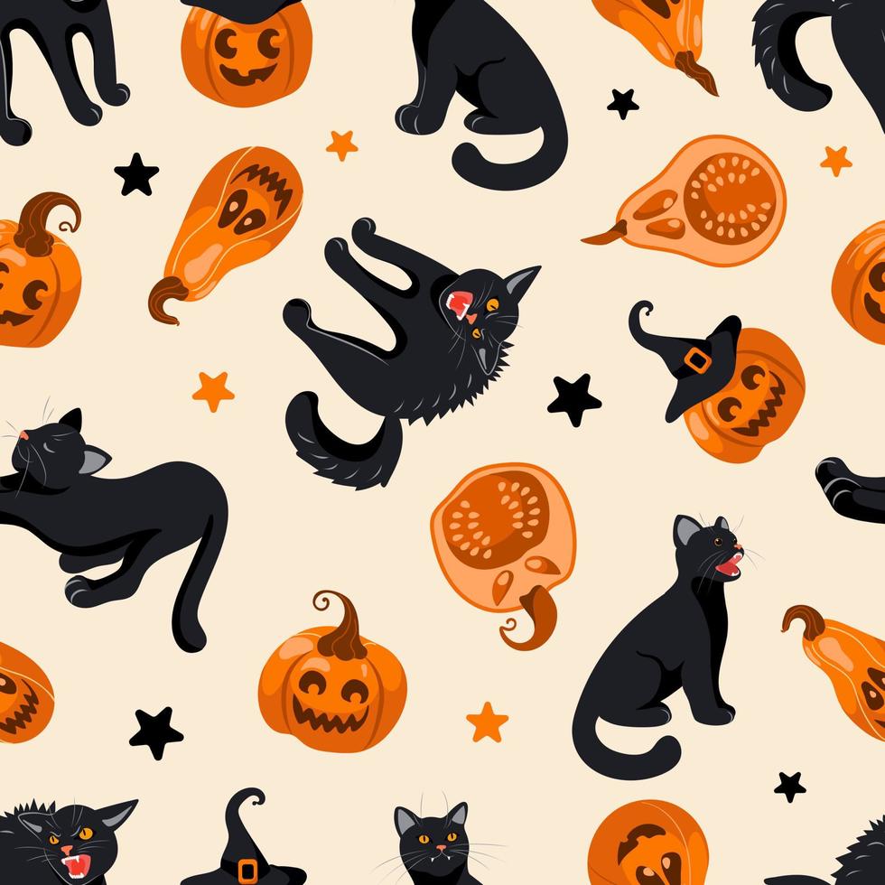Halloween seamless pattern Black cat, witch hat, jack lantern, candy. On light beige background. Bright illustration in cartoon style. For wallpaper, printing on fabric, wrapping, background vector