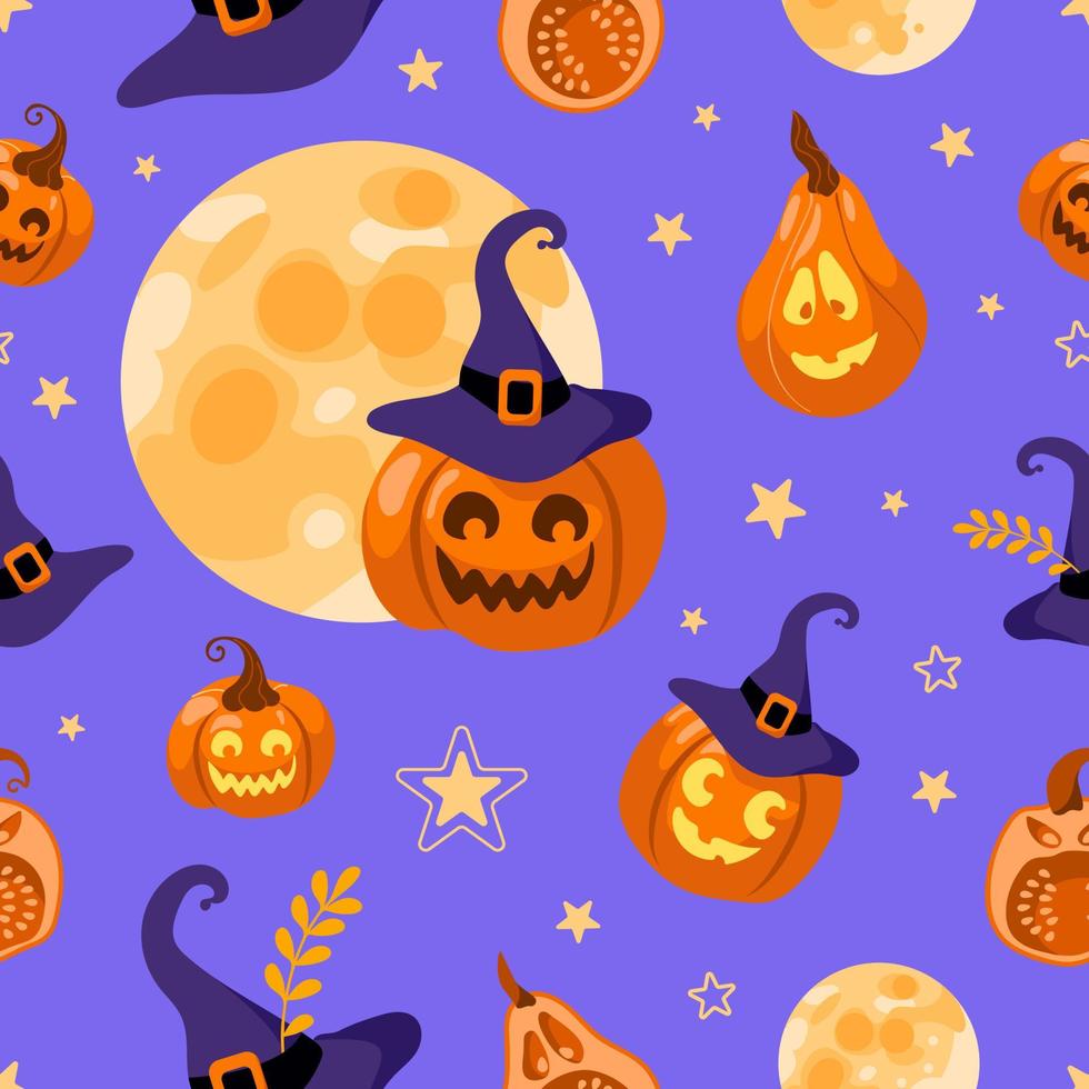 Halloween seamless pattern moon, witch hat, jack lantern, star and leaves. On a purple background. Bright illustration cartoon style. For wallpaper, printing on fabric, wrapping, background. vector