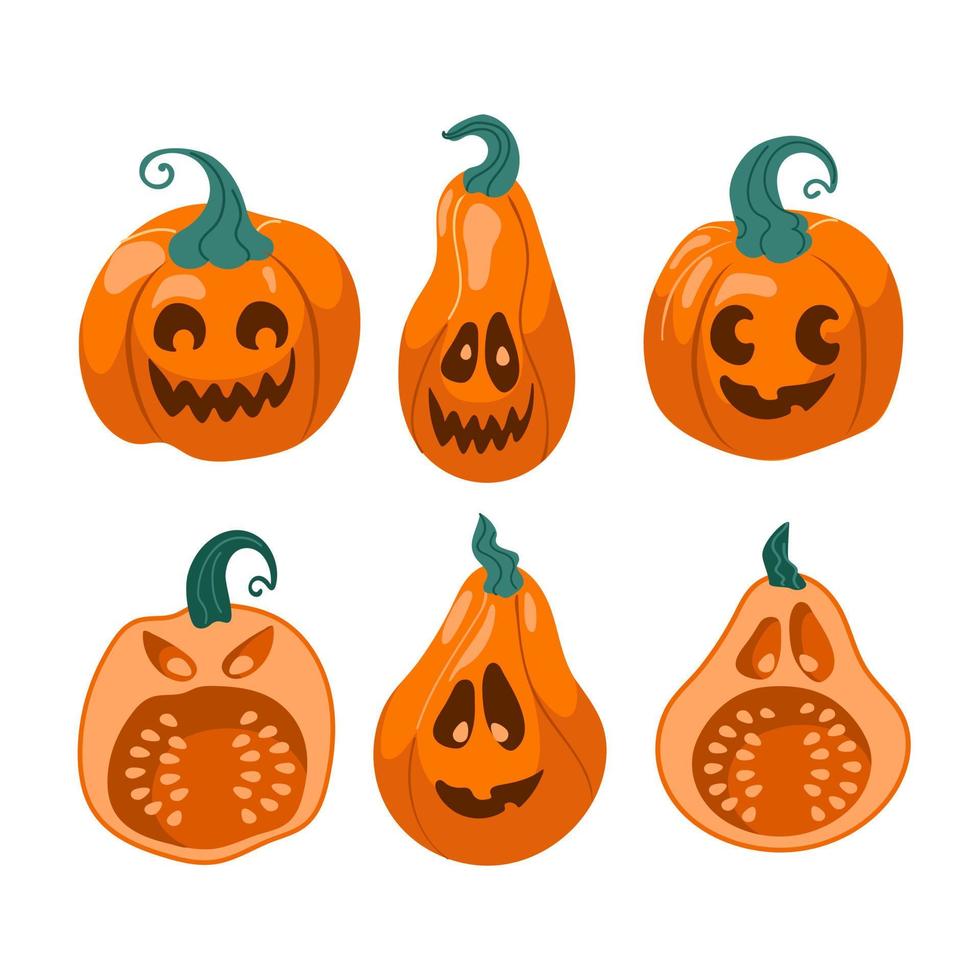 calabaza, Jack linterna conjunto para Víspera de Todos los Santos. vector linda ilustración en dibujos animados estilo. brujas, magia. divertido, aterrador emociones otoño vegetales. para pegatinas, carteles, postales, diseño elementos.