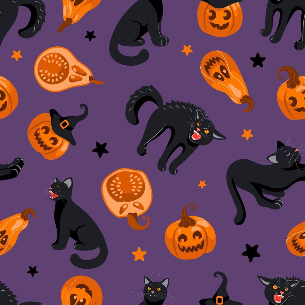 Halloween seamless pattern Black cat, witch hat, jack lantern, candy. On purple background. Bright illustration in cartoon style. For wallpaper, printing on fabric, wrapping, background vector