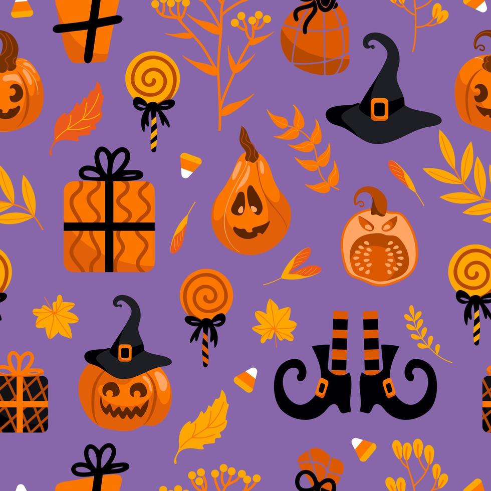 Halloween bright seamless vector pattern. Pumpkin jack-o-lantern, witch hat, striped stockings, shoes, lollipop, gifts, autumn leaves. For nursery, wallpaper, printing on fabric, wrapping, background.