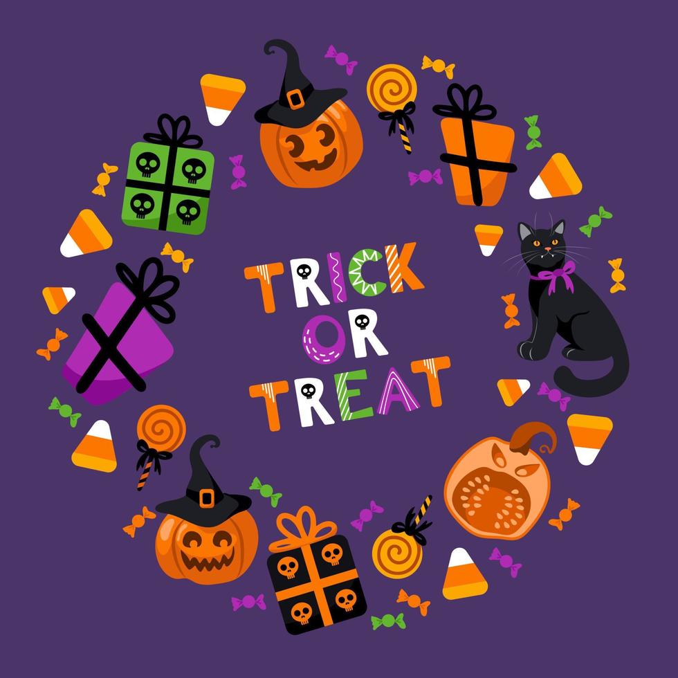 Trick or treat. Halloween bright vector illustration. Pumpkin lantern, witch hat, cat, lollipops, gifts with skulls, stars and candy Corn. For stickers, posters, postcards, design elements