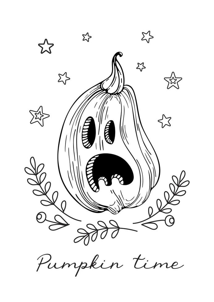 Vector graphic doodle illustration in vintage style for halloween. Pumpkin - ghost, jack-o -lantern. Autumn vegetables and leaves. For stickers, posters, postcards, design elements, tattoo