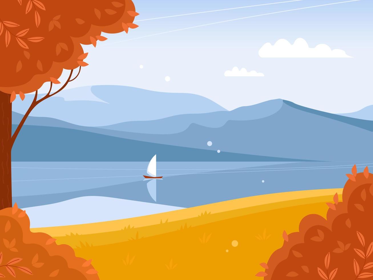 Beautiful bright autumn landscape. Mountains and water. Blue sky with white clouds. Azure mirror water surface of lake, river, sailboat. Vector Illustration for background, website, posters, postcards