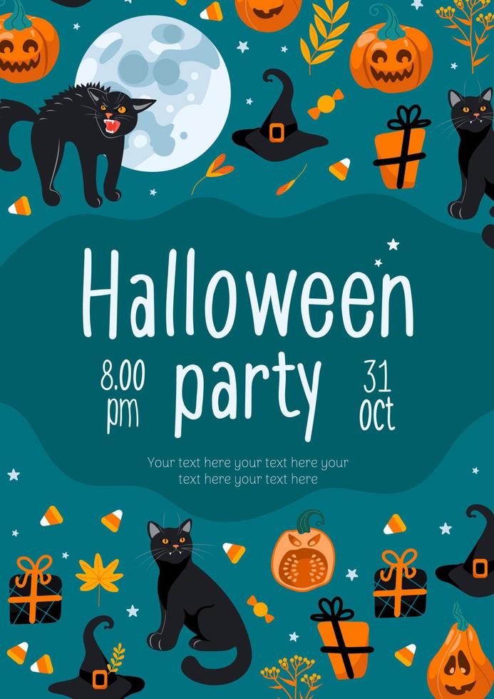 Happy Halloween. Party invitation with Pumpkin jack-o-lantern, Black cat, full moon, witch hat, gifts, candy. In cartoon style. Vintage lettering. For frame, template, postcards, banners, flyer. vector