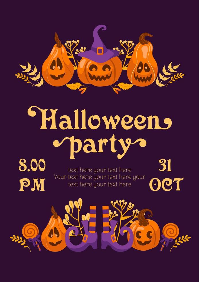 Happy Halloween. Party invitation with Pumpkin jack-o-lantern, witch hat, striped stockings, lollipop in cartoon style. vintage lettering. For frame, template, postcards, banners, flyer. vector