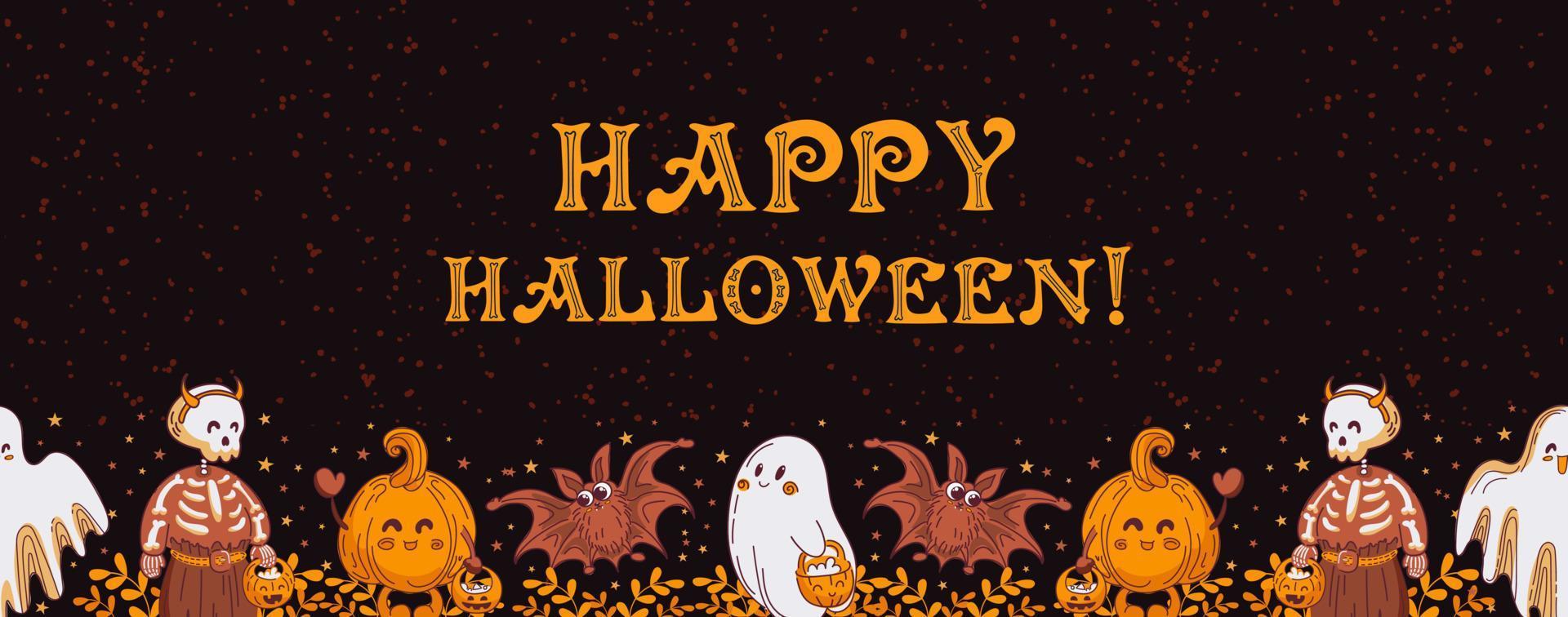 Happy Halloween. Cute ghosts, a skeleton, a pumpkin and a bat are caroling. Cartoon style. Horizontal seamless border. Autumn leaves, stars. Vintage font. For website, posters, fabric, design elements vector