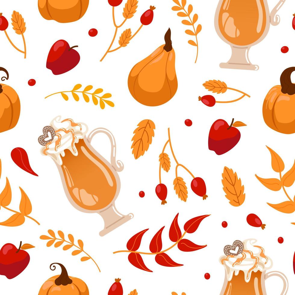Pumpkin spice lover. international coffee day. Glass with latte foam, pumpkins, autumn leaves and apples. Seamless pattern for cafes, shops, menus, wallpaper, printing on fabric, wrapping. vector