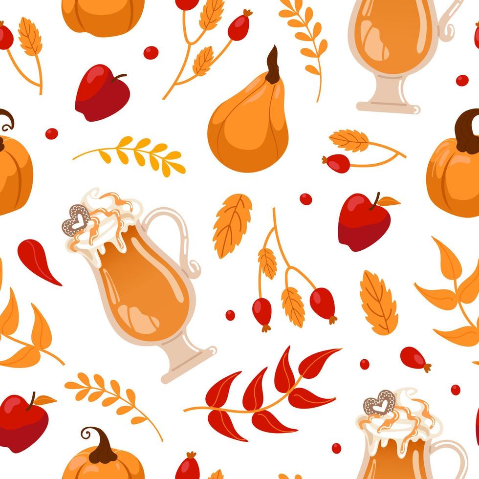 amante de las especias de calabaza. día internacional del café. vaso con espuma de leche, calabazas, hojas de otoño y manzanas. patrón impecable para cafés, tiendas, menús, papel tapiz, impresión en tela, envoltura. vector