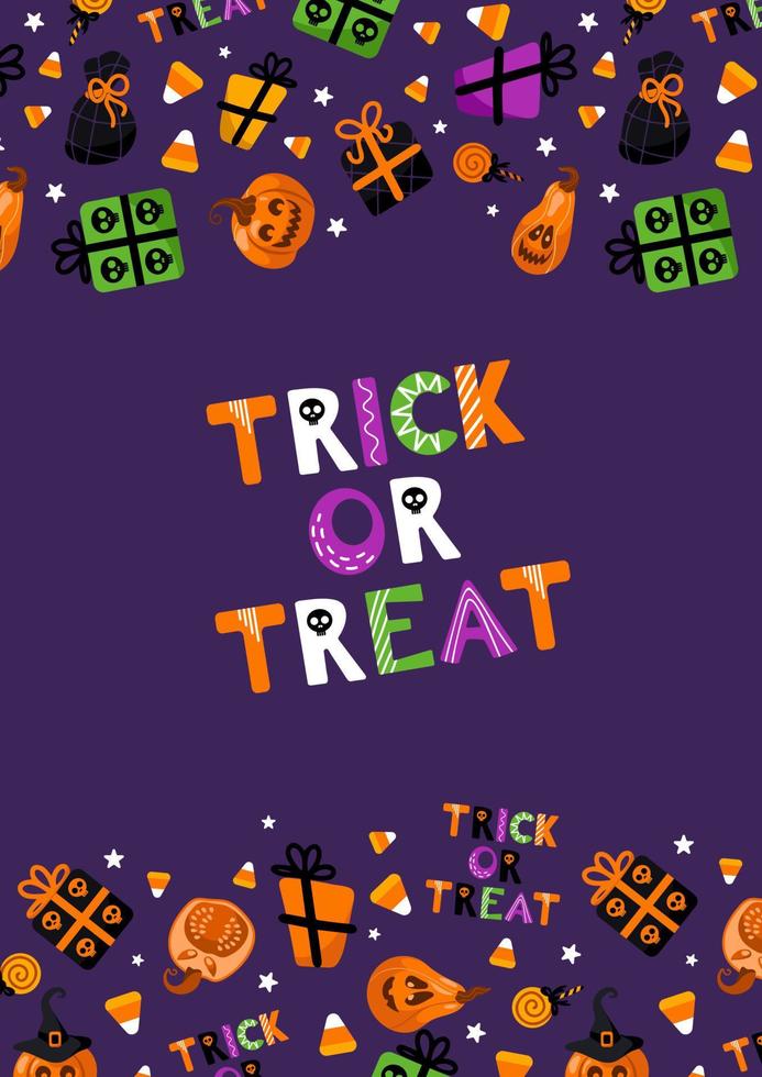 Happy Halloween. Trick or treat. Bright vector illustration. Jack o lantern, witch hat, cat, lollipops, gifts with skulls, stars and candy corn. For banner, flyer, posters, postcards, design elements.