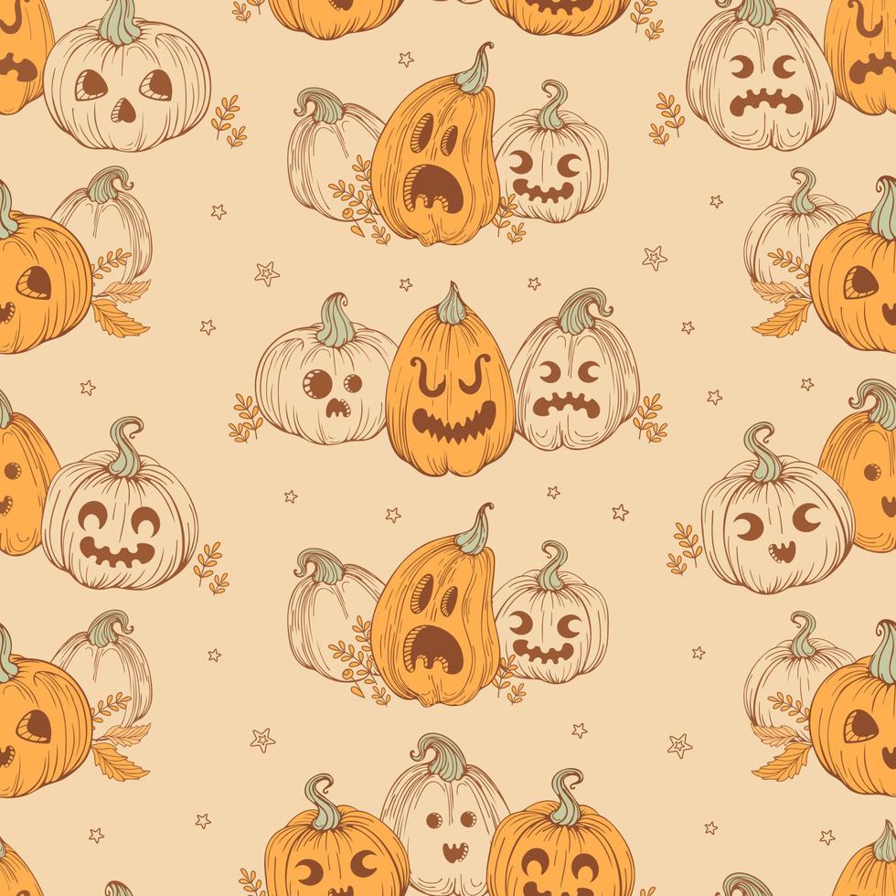 jack-o-lantern. Vintage Halloween pattern. Pumpkins in hand drawn style with scary and funny faces on a beige background. Leaves and stars. For wallpaper, print, packaging, background. vector