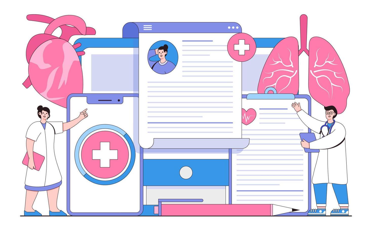 Online diagnosis concept with people characters. Outline design style minimal vector illustration for landing page, web banner, infographics, hero images