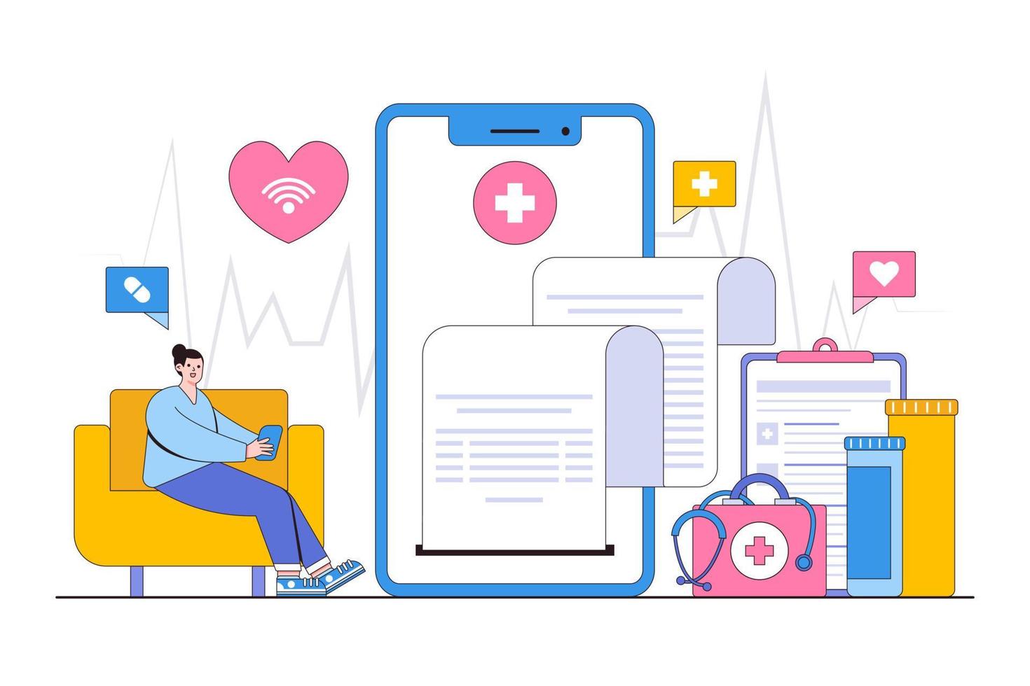 Online medical consultation, telemedicine, medical service for patients, health care by internet with doctor concept. Outline design style minimal vector illustration for landing page