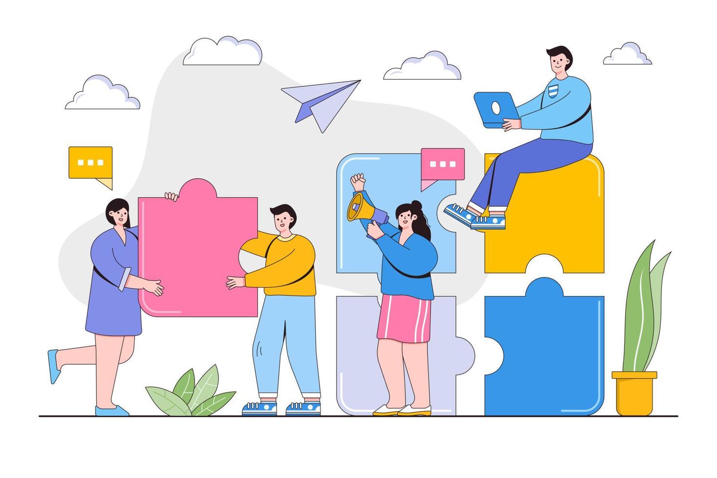 Teamwork, cooperation, partnership concept. People connecting puzzle elements for creative solutions. Outline design style minimal vector illustration for landing page