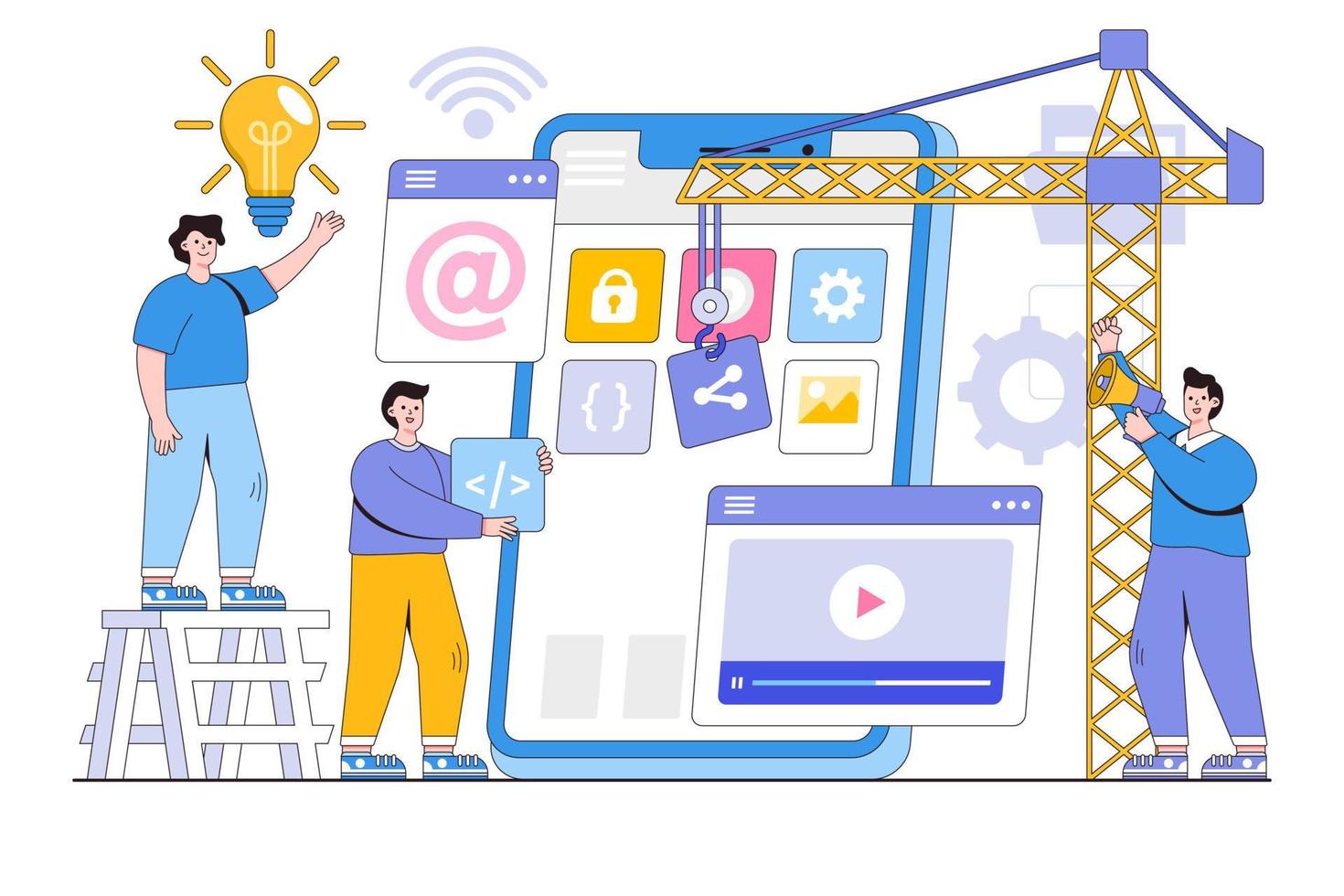 Developers building mobile apps and working together on a user interface, communication and technology concept. Outline design style minimal vector illustration for landing page