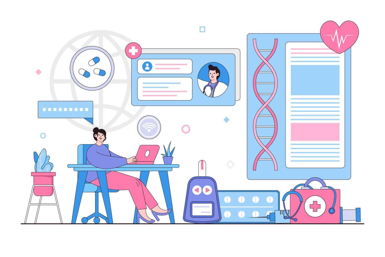 Online medical consultation concept with people characters. Outline design style minimal vector illustration for landing page, web banner, infographics, hero images
