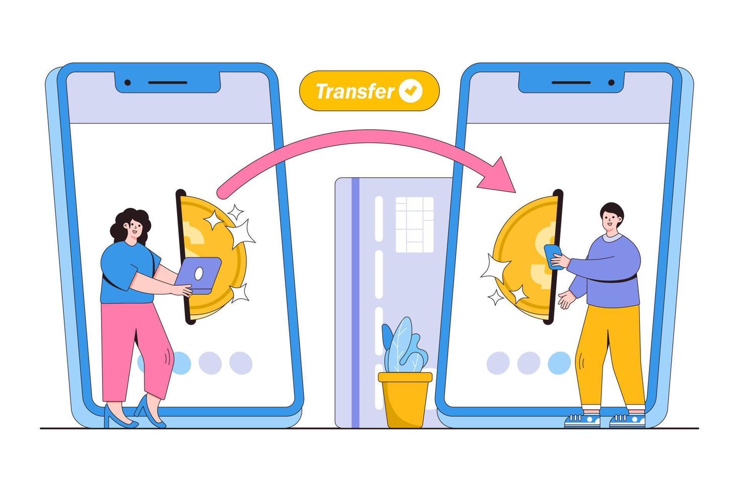 en línea móvil dinero transferir concepto con personas caracteres. capital fluir, ganador o haciendo dinero. contorno diseño estilo mínimo vector ilustración para aterrizaje página, héroe imágenes