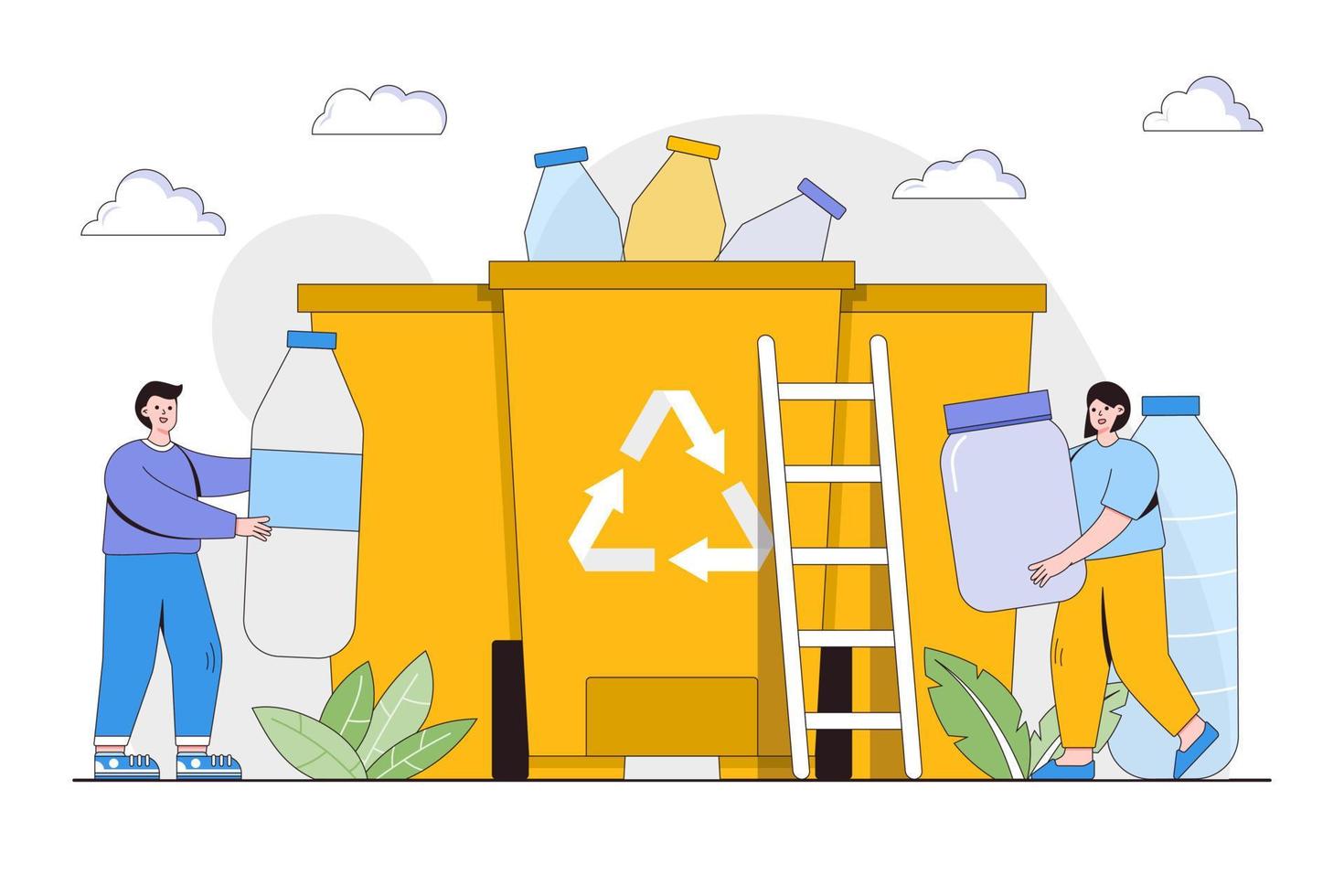 Plastic pollution problem concept. People collecting and sorting plastic trash into recycling garbage bin. Outline design style minimal vector illustration for landing page