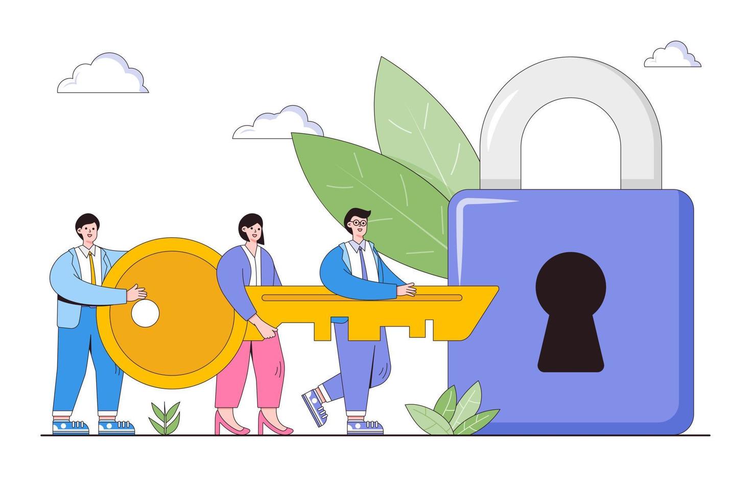 Business solution teamwork concept. Business team colleagues unlock padlock with key. Symbol of cooperation, problem solution, new opportunities vector