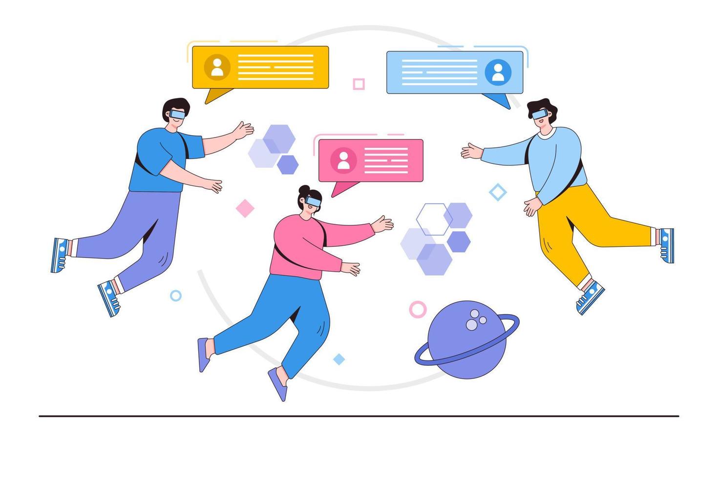 Metaverse web concept. Woman and man in VR glasses interacting with augmented reality for games, learning. Outline design style minimal vector illustration for landing page, web banner, hero images