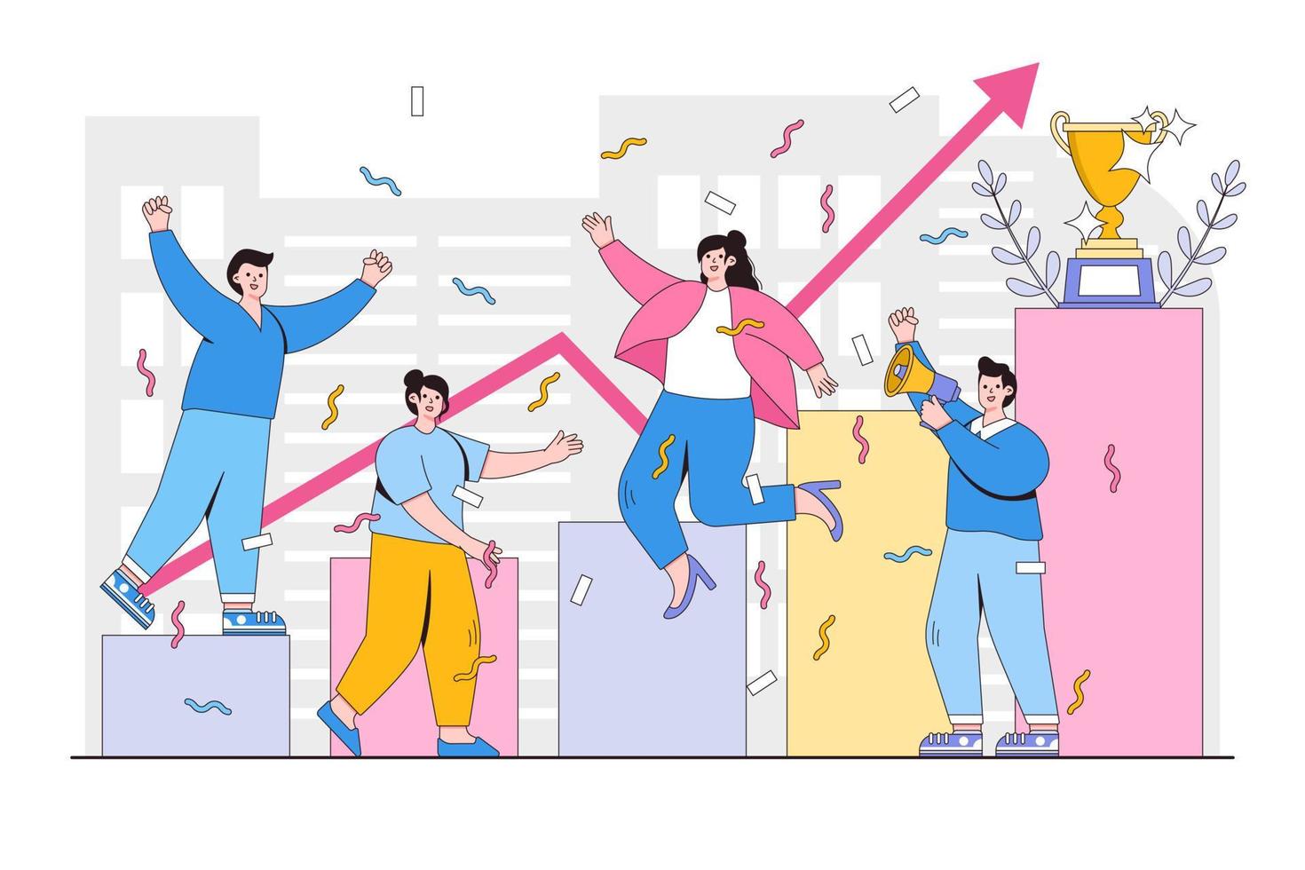 Teamwork success concept with employee character. Outline design style minimal vector illustration for landing page, web banner, infographics, hero images