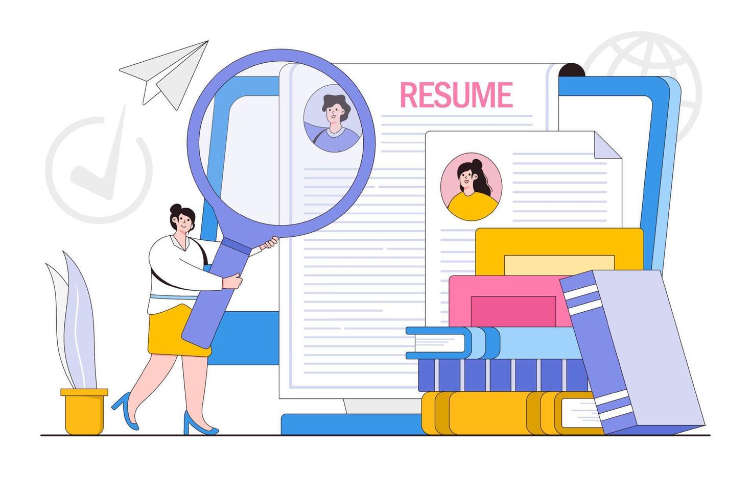Human resource management, hiring and recruitment process concept. People characters choosing best candidate for job. HR managers searching new employee vector