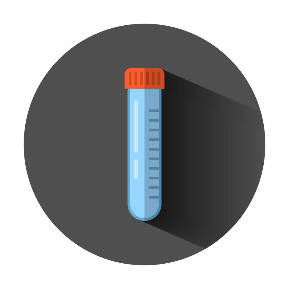 Chemistry beakers sign icon in flat style. Flask test tube vector illustration on black round background with long shadow. Alchemy business concept.
