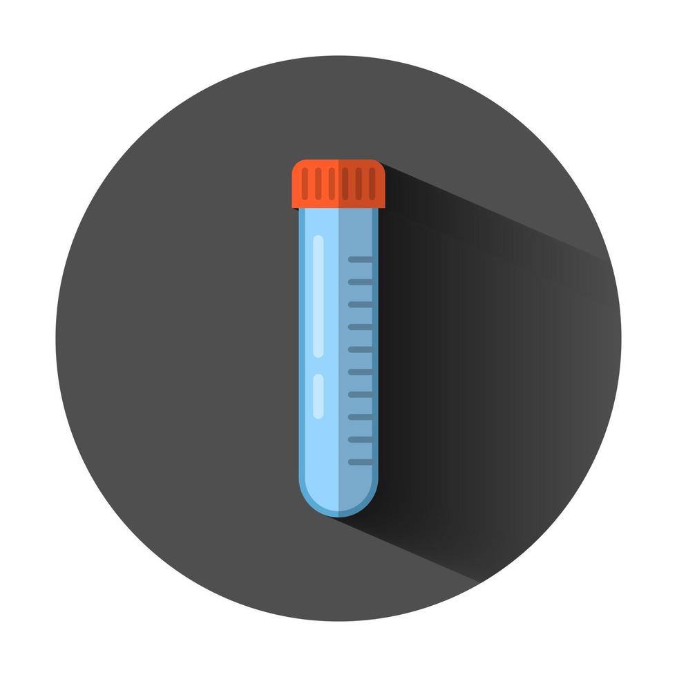 química vasos de precipitados firmar icono en plano estilo. matraz prueba tubo vector ilustración en negro redondo antecedentes con largo sombra. alquimia negocio concepto.