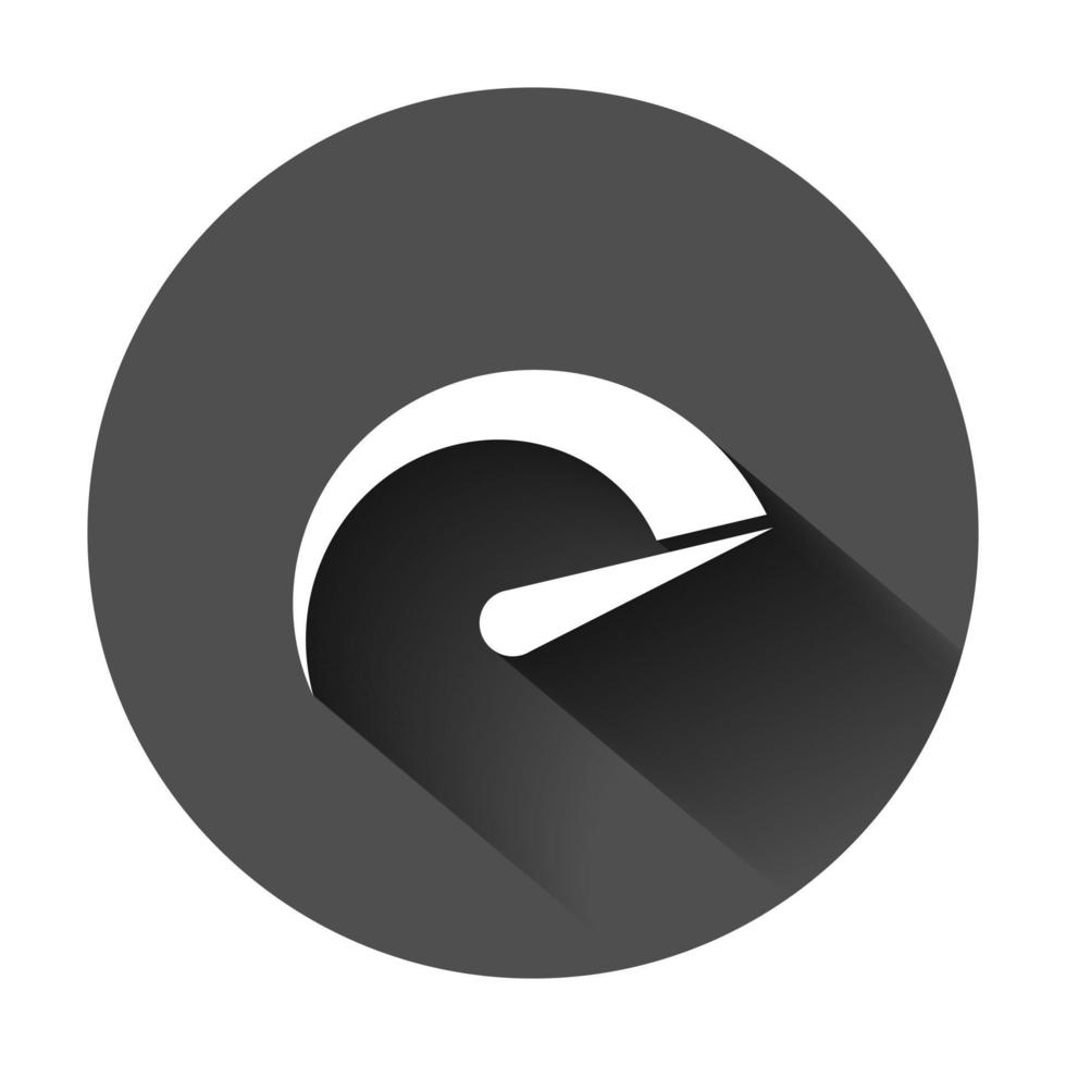 Speedometer level sign icon in flat style. Accelerate vector illustration on black round background with long shadow. Motion tachometer business concept.