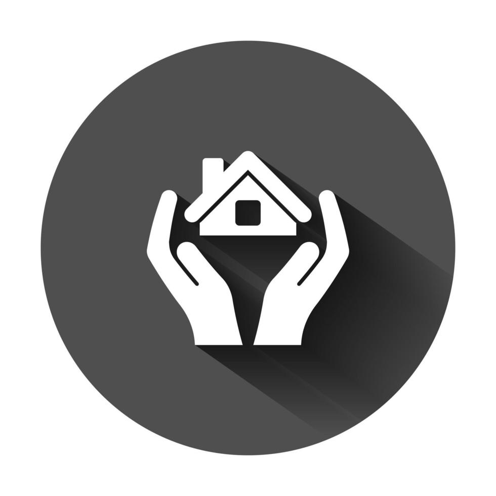 Home care icon in flat style. Hand hold house vector illustration on black round background with long shadow. Building quality business concept.