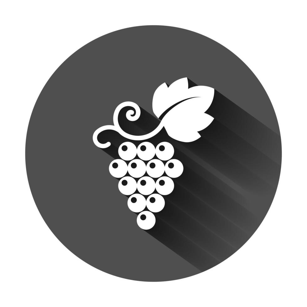 Grape fruits sign icon in flat style. Grapevine vector illustration on black round background with long shadow. Wine grapes business concept.