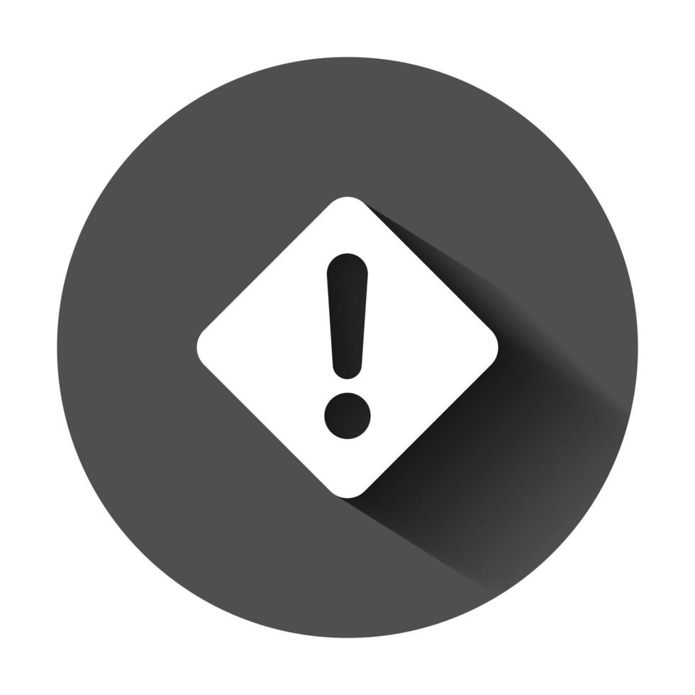 Exclamation mark icon in flat style. Danger alarm vector illustration on black round background with long shadow. Caution risk business concept.