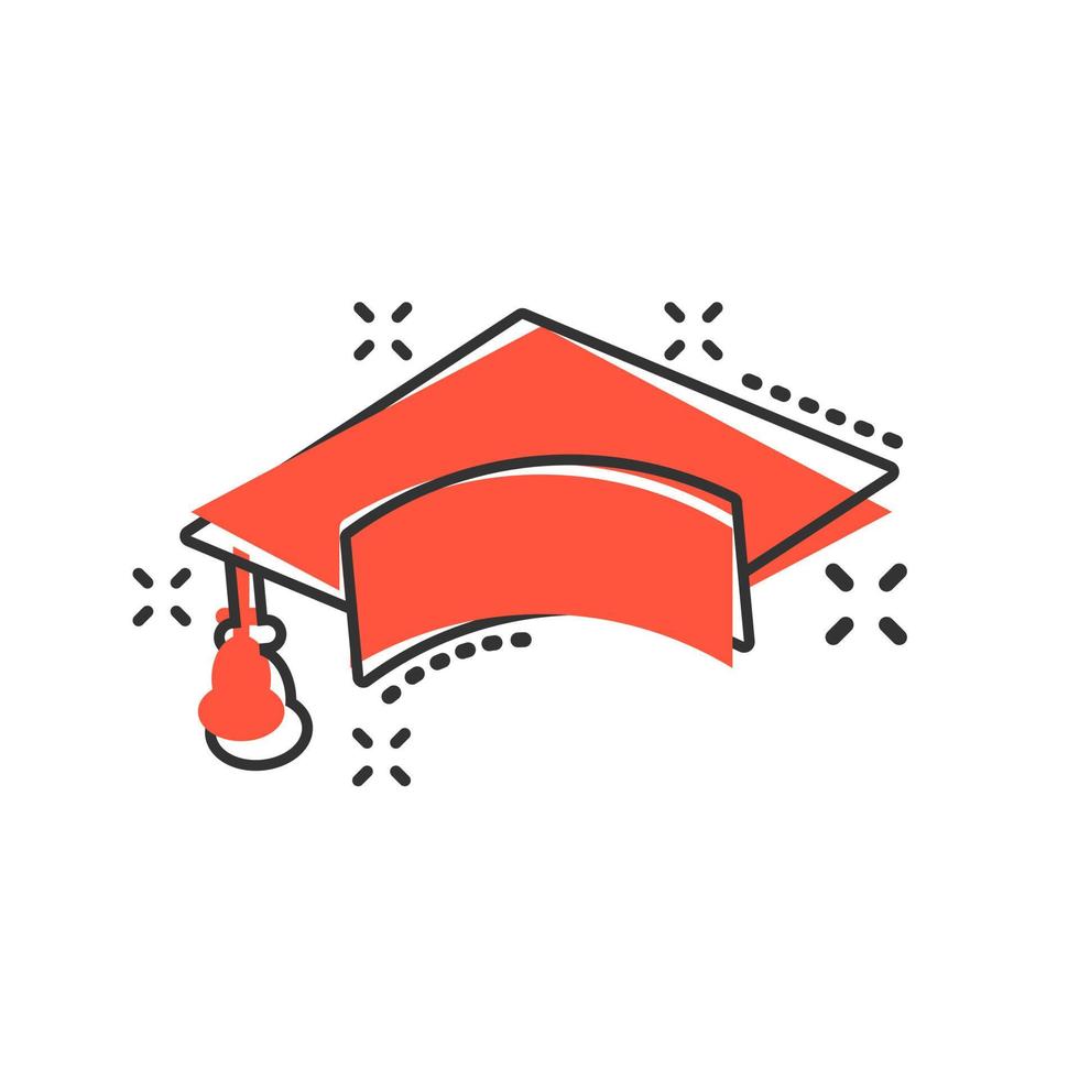 Graduation cap icon in comic style. Education hat vector cartoon illustration on white isolated background. University bachelor business concept splash effect.