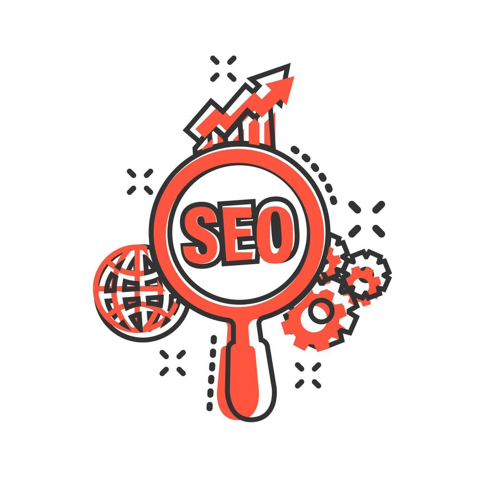Seo analytics icon in comic style. Social media vector cartoon illustration on white isolated background. Search analysis business concept splash effect..