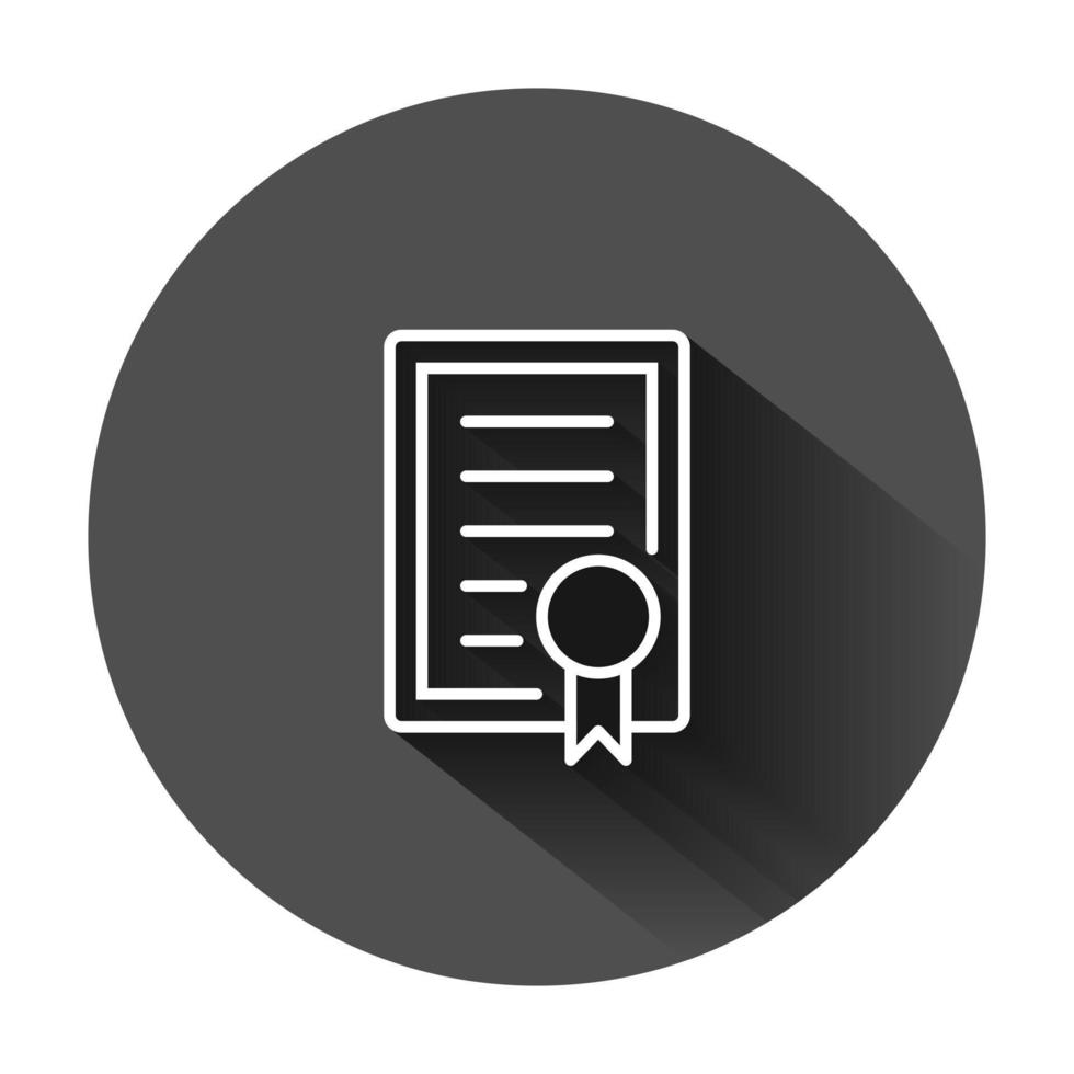 Certificate icon in flat style. License badge vector illustration on black round background with long shadow. Winner medal business concept.