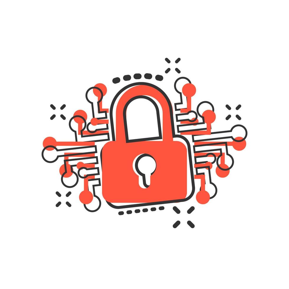 Cyber security icon in comic style. Padlock locked vector cartoon illustration on white isolated background. Closed password business concept splash effect.