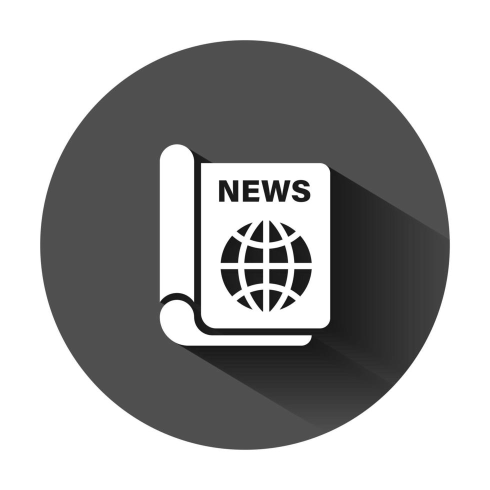 Newspaper icon in flat style. News vector illustration on black round background with long shadow. Newsletter business concept.
