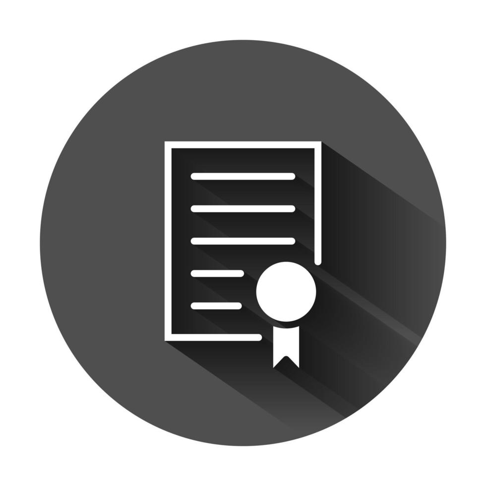 Certificate icon in flat style. License badge vector illustration on black round background with long shadow. Winner medal business concept.