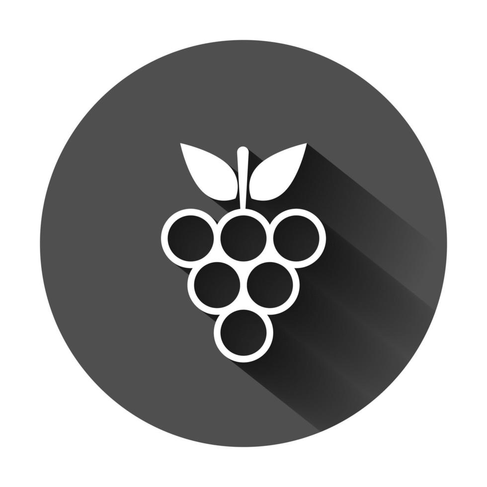 Grape fruits sign icon in flat style. Grapevine vector illustration on black round background with long shadow. Wine grapes business concept.